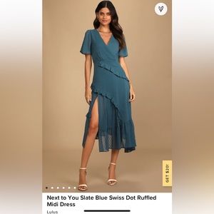 Lulu’s Next to You Slate Blue Swiss Dot Ruffled Midi Dress